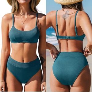 NWT Women's Bikini Set Two Piece Swimsuit High Waisted Scoop Neck Swimwear M